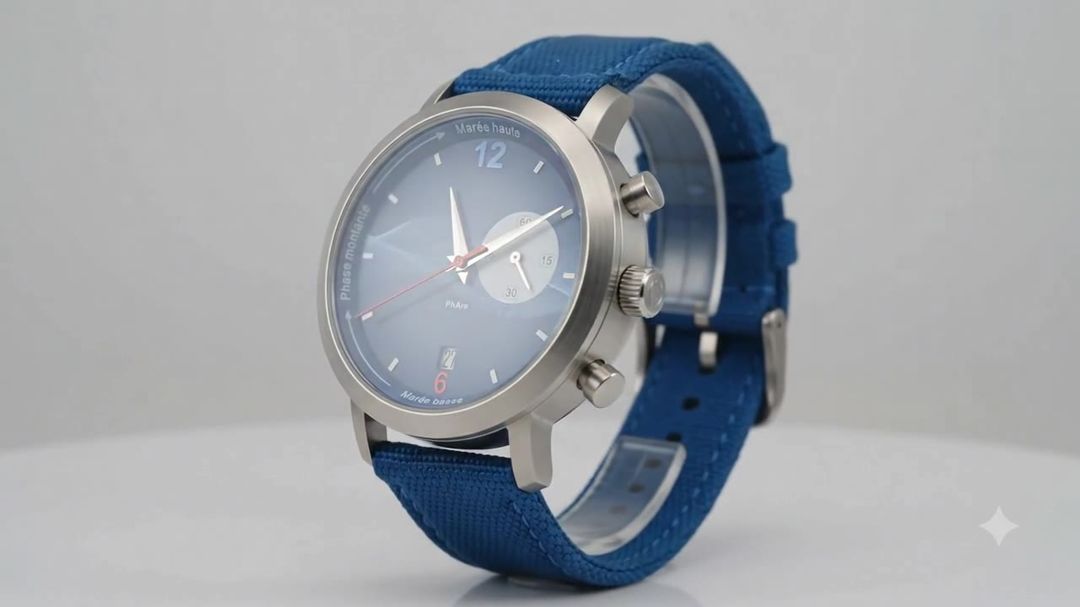Profil de la montre PhArE en acier brossé, bracelet toile